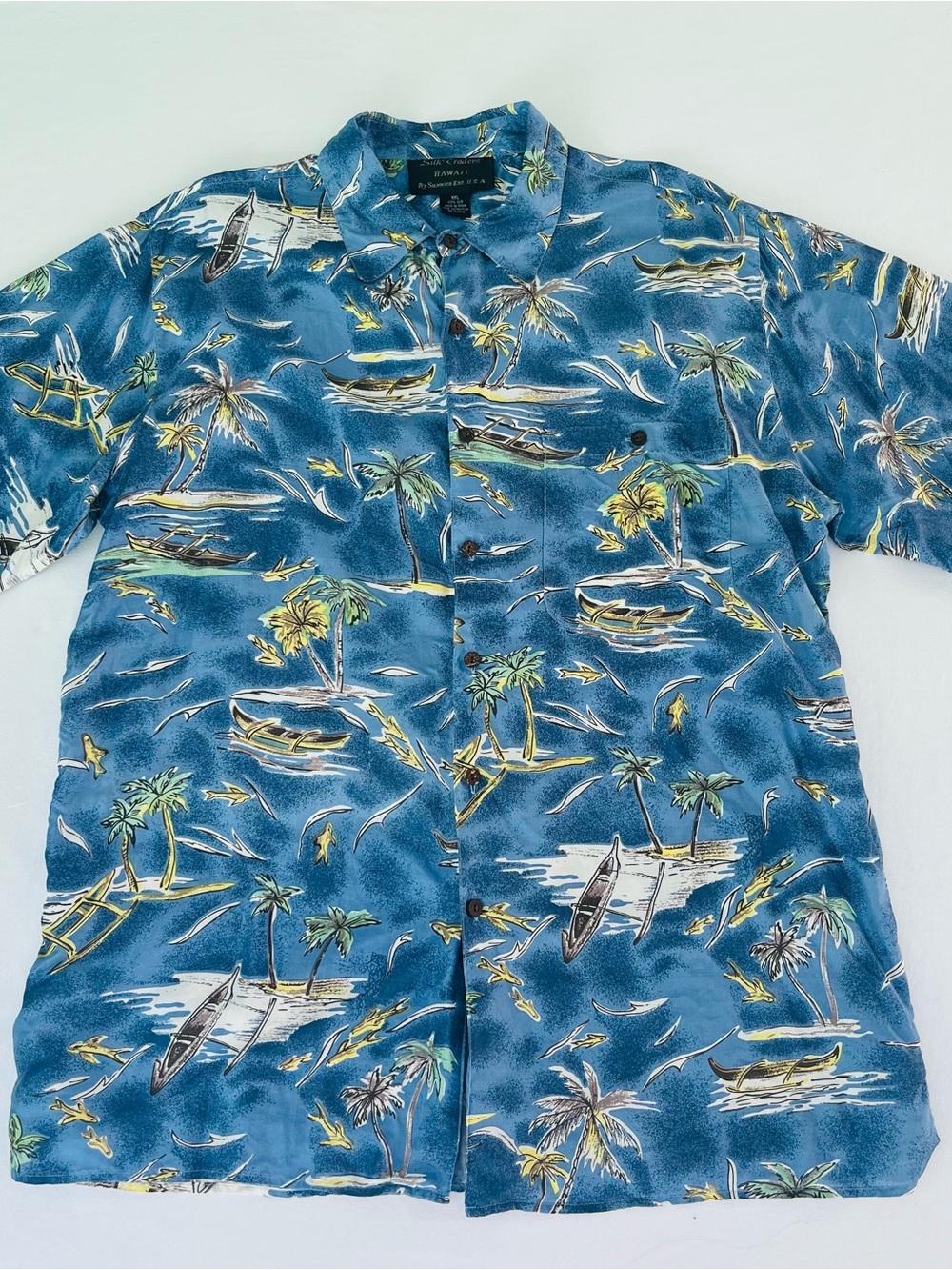 Silk Traders Vintage Men’s Hawaiian Blue Shirt Palm Tree Canoe Aloha Size XXL